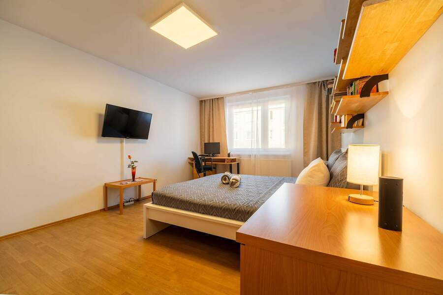Master Bedroom with Home Office Desk - Stream, Work, or Rest in Vienna’s Bright & Book-Lined Retreat