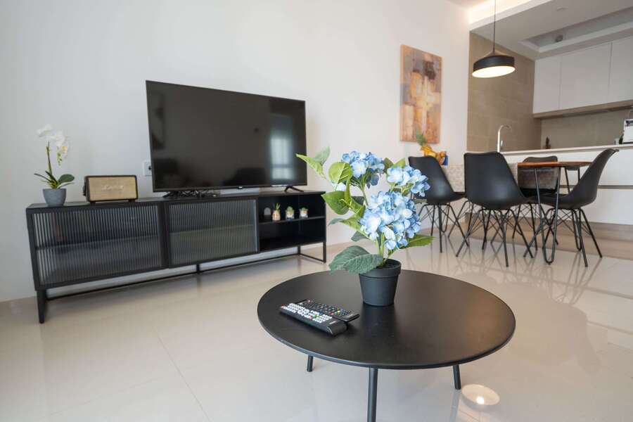 Living Room with Fully Equipped Kitchen, Dining Table, Sofa and TV