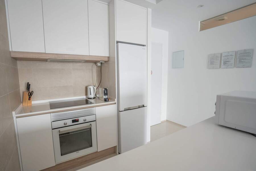 Kitchen with Dining Table, Oven, Stovetop, Microwave, Dishwasher, Fridge and Toaster