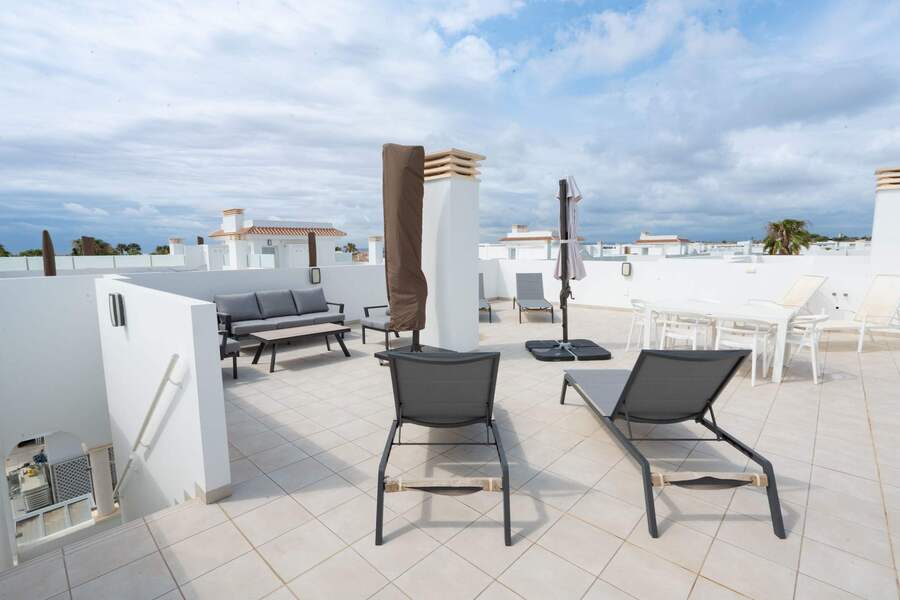 Apartment Terrace with Seating Area, Sun Loungers and Sun Umbrella