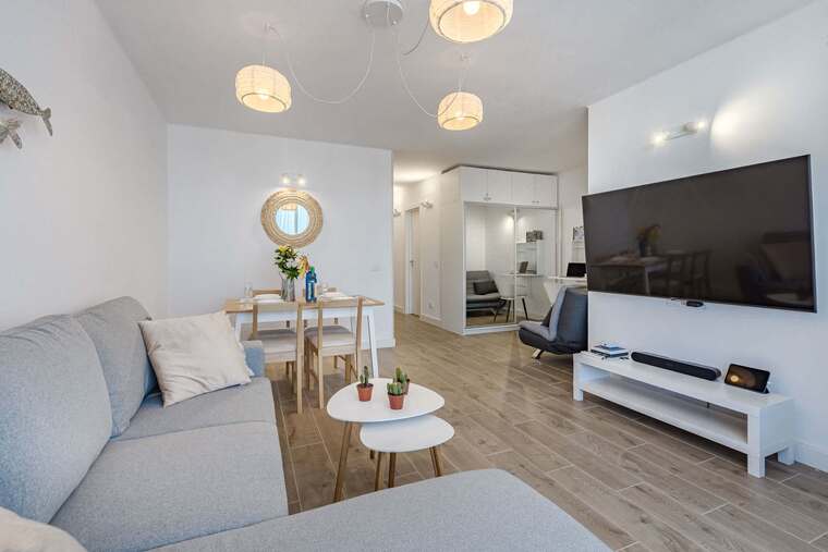 Living Room with Sofa Bed, TV, Air Conditioner, Sound System, iPad and Dining Table