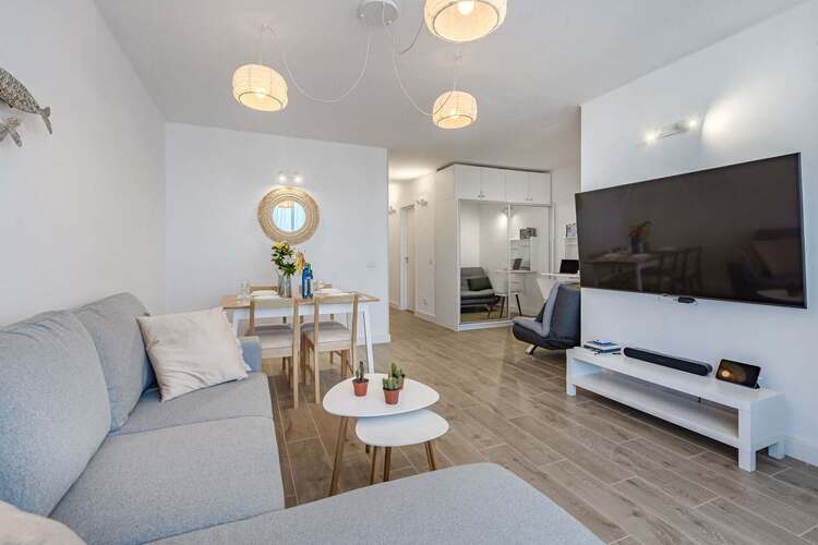 Living Room with Sofa Bed, TV, Air Conditioner, Sound System, iPad and Dining Table
