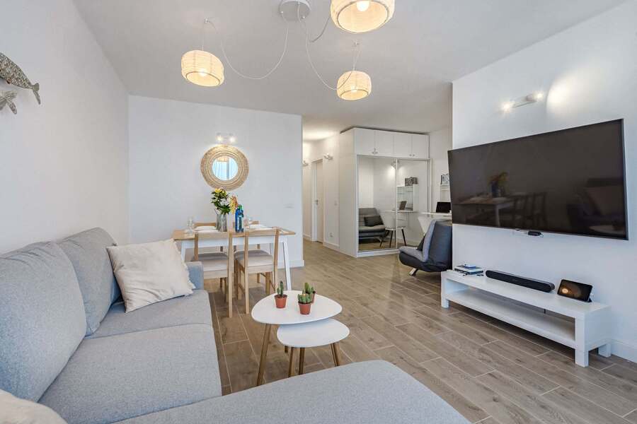 Living Room with Sofa Bed, TV, Air Conditioner, Sound System, iPad and Dining Table
