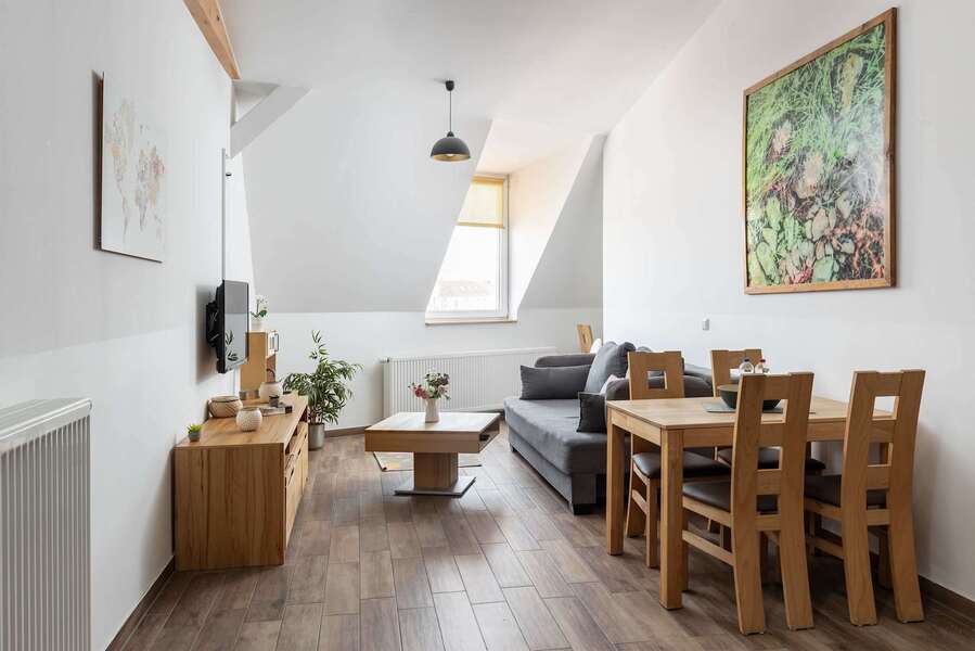 Living Area with a Dining Table, Sofa Bed, TV & Work Station