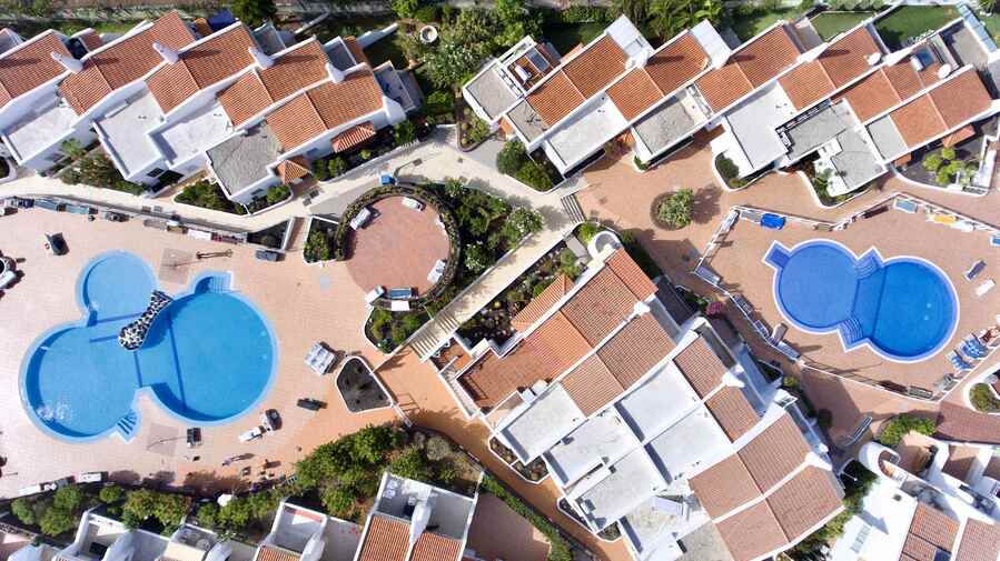 Bird’s-Eye View of Complex Pools & Terraces – A Serene Retreat Designed for Relaxation and Leisure
