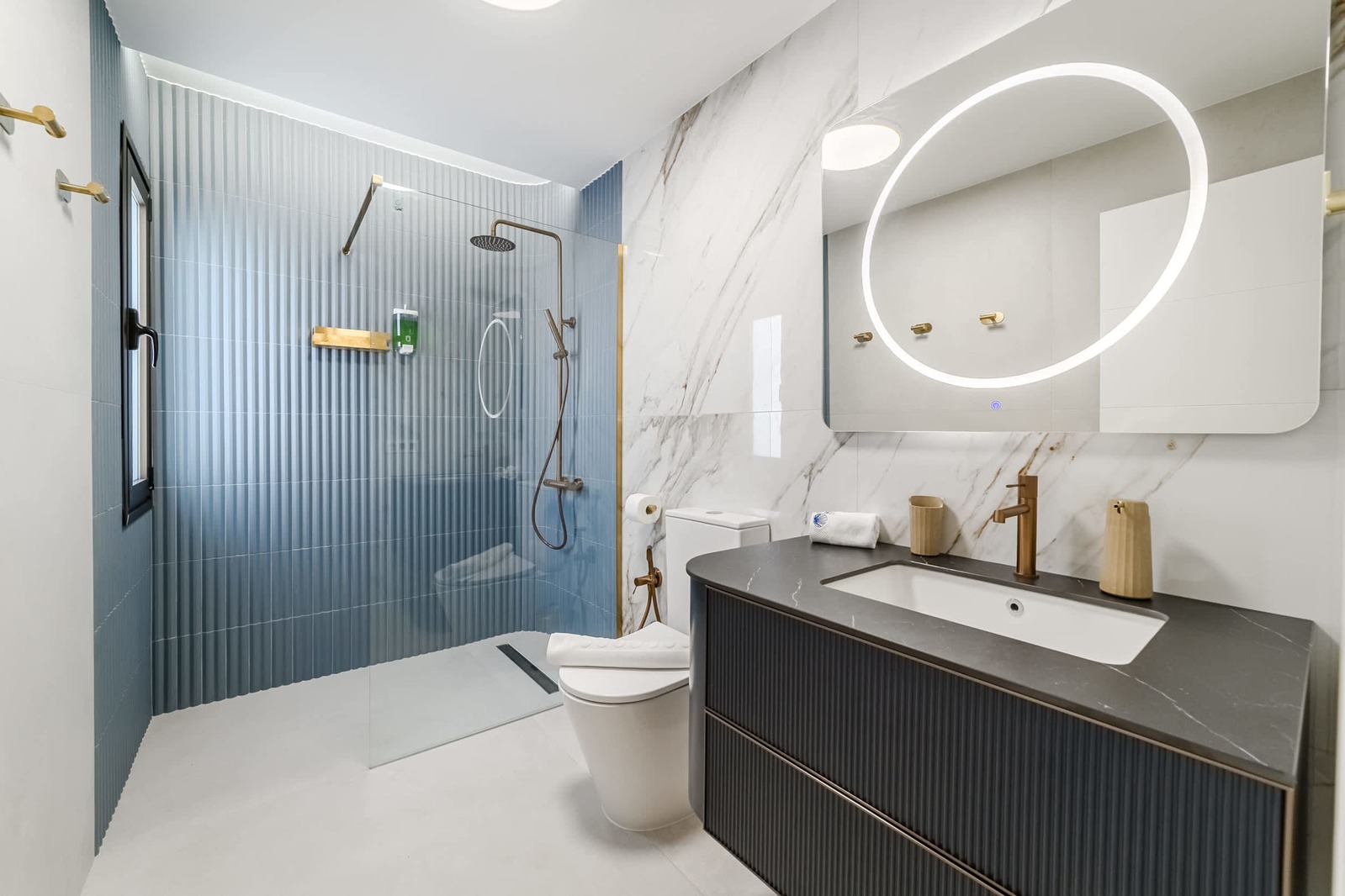 Elegant Bathroom with Walk-In Rain Shower – Modern Comfort for Your Costa Adeje Escape