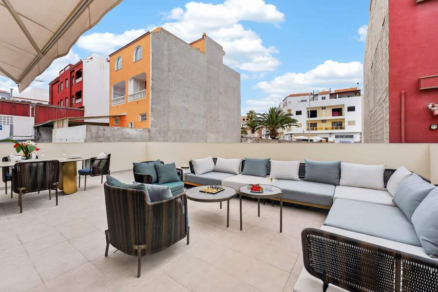 Designer Outdoor Lounge with Dining & Daybeds — Entertain in Style on Your Private Sun-Drenched Terrace in Playa San Juan