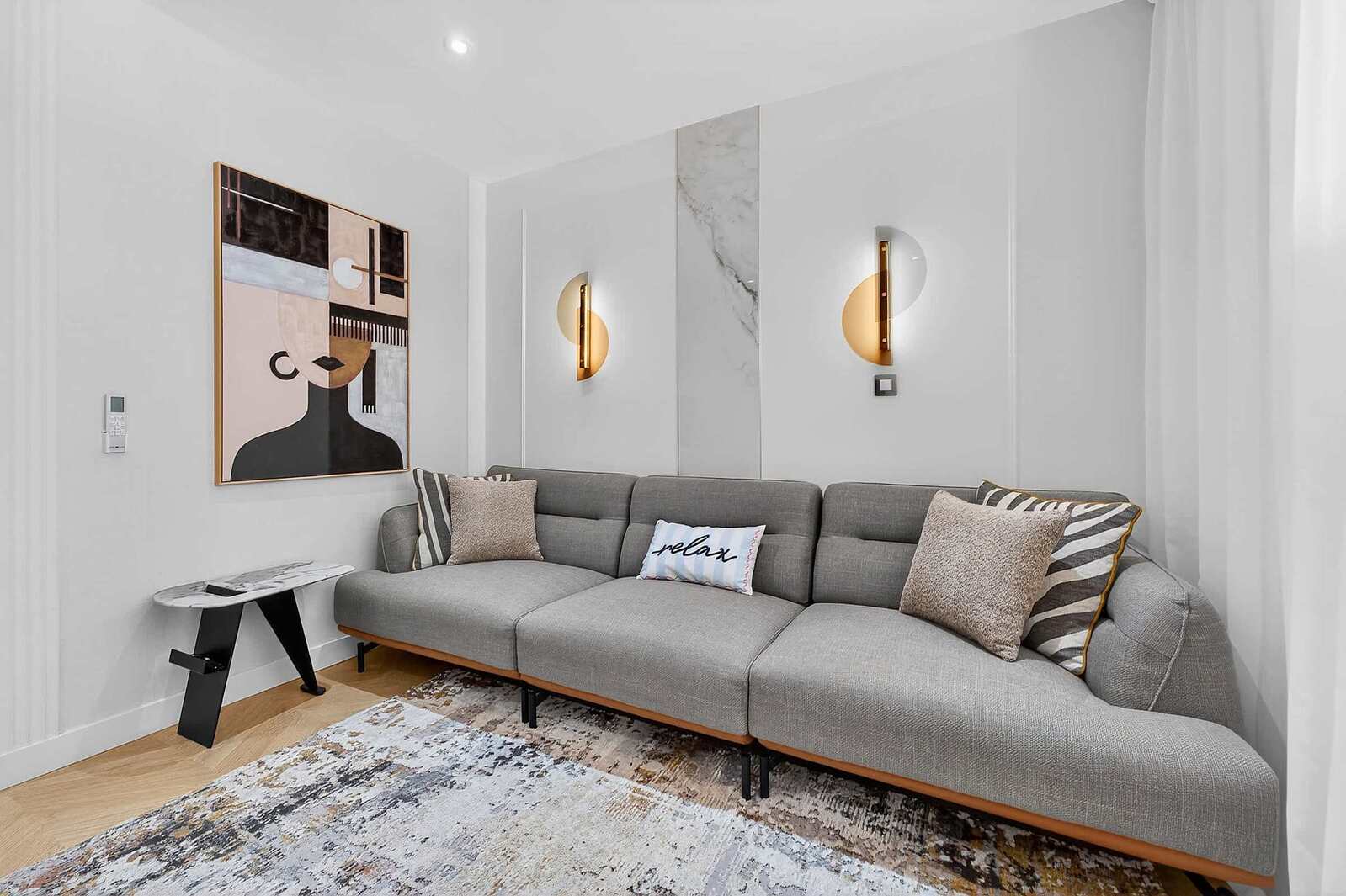 Elegant Open-Concept Living and Dining Area — Relax in Contemporary Comfort with a Designer Sofa, Smart TV and Ocean Breeze Ambience
