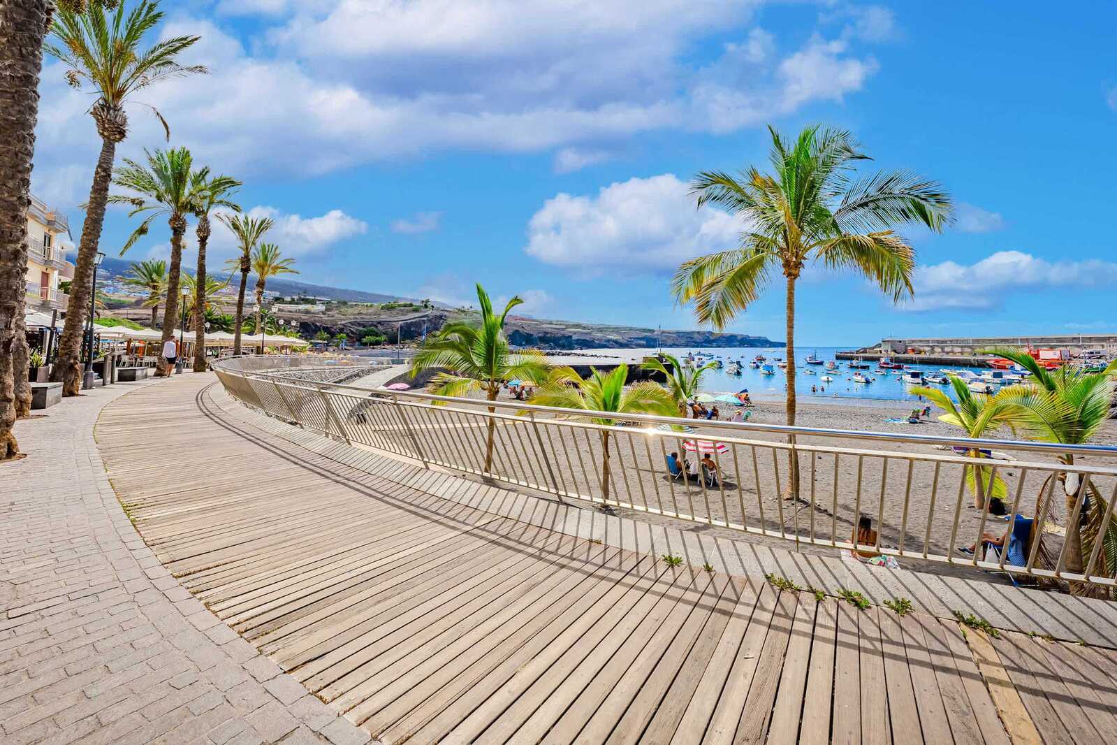 Seaside Promenade – Palm-Lined Boardwalk Along a Sparkling Black Sand Beach