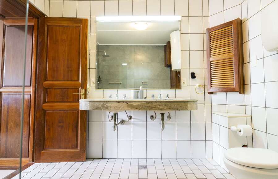 Bathroom Vanity with Shower Beyond
