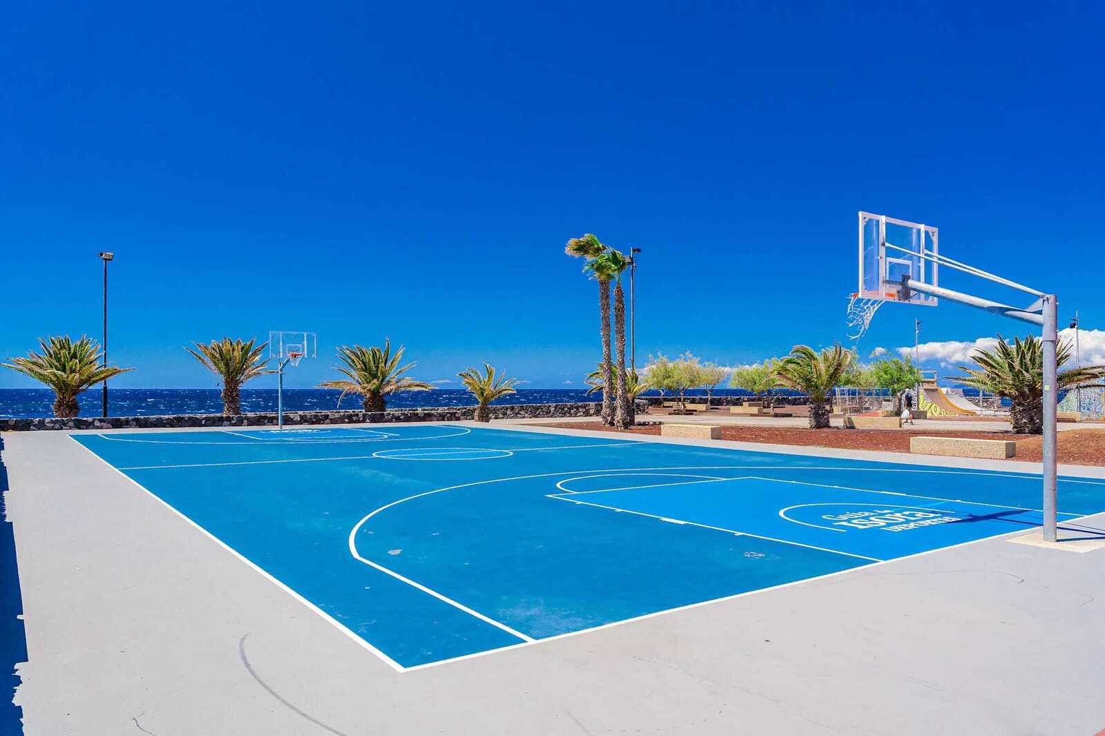 Oceanfront Basketball Court - Vibrant Court, Fresh Breeze, and Palm-Lined Views
