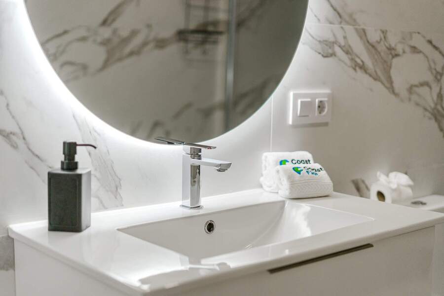 Contemporary Bathroom with Walk-In Rain Shower and LED Mirror