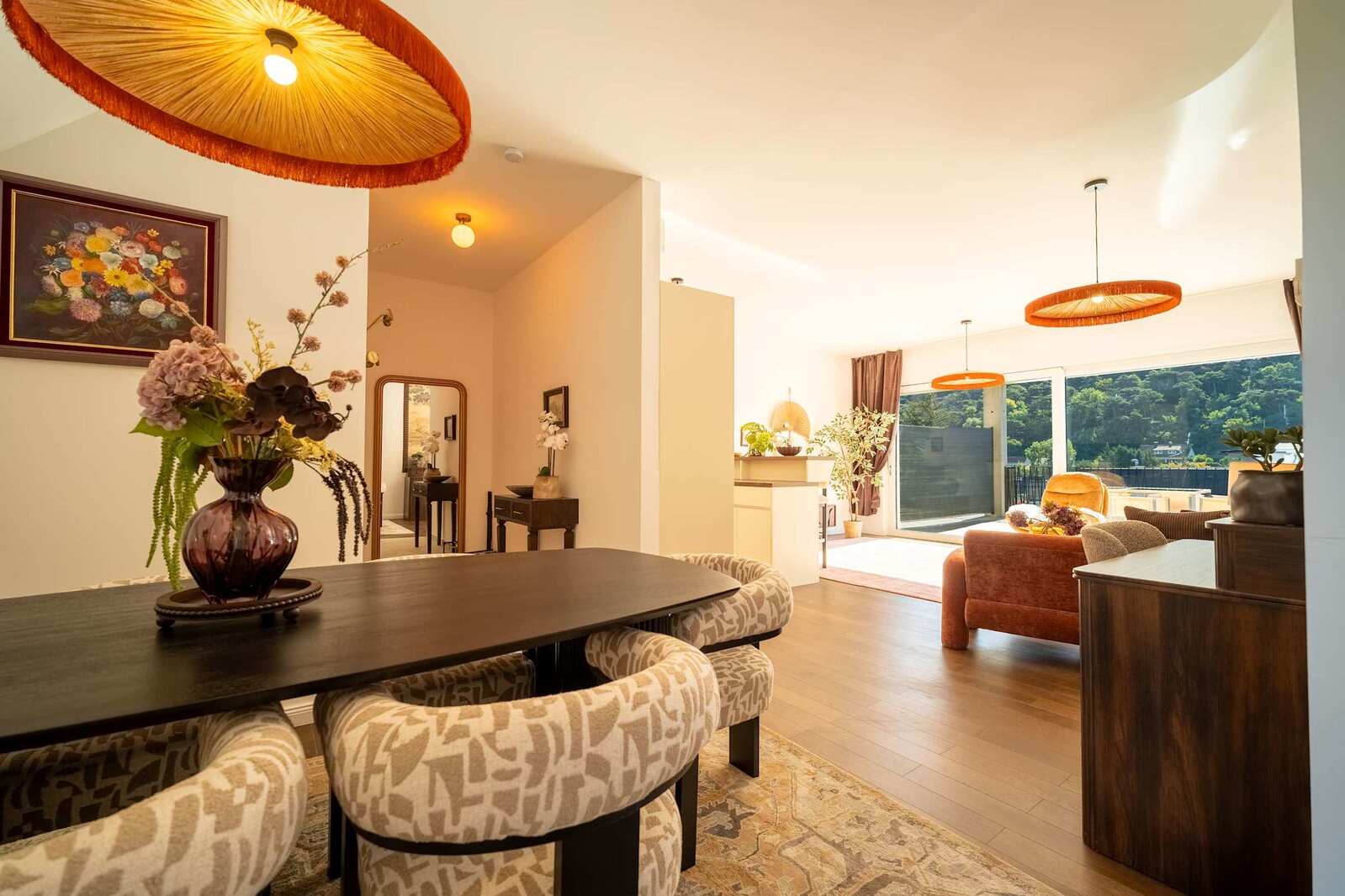 From the dining table towards the living room and terrace